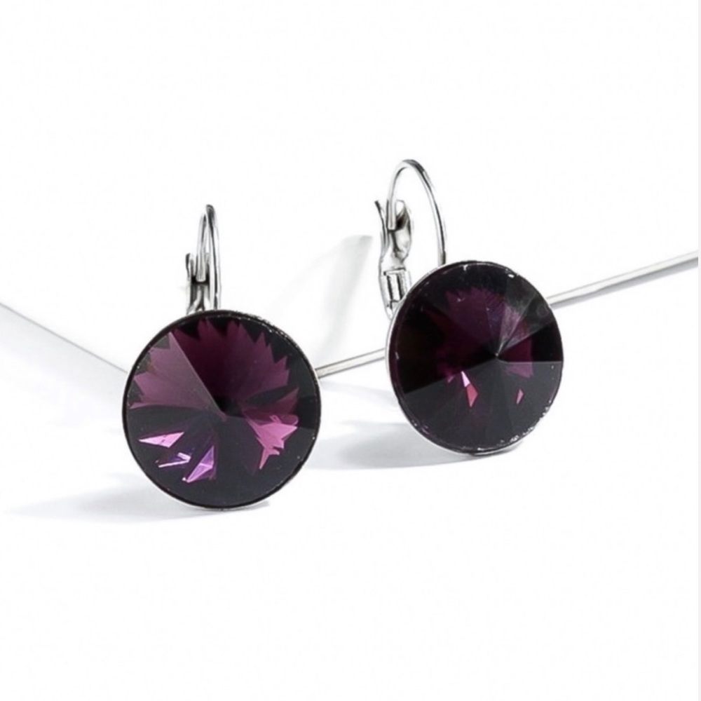 Deep Plum Austrian Crystal Lever Back Earrings - Picture 5 of 8